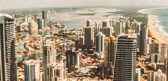 Birdseye view of the Gold Coast highrise buildings and beyond to the horizon